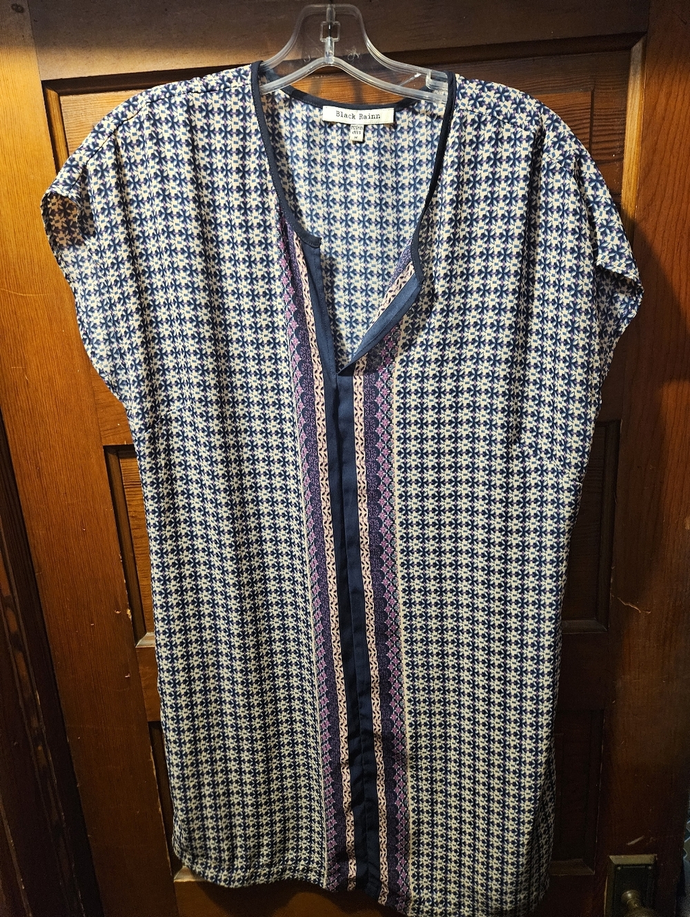 Black Rainn Boho Blue & White Geometric Print Dress with Pink Accents